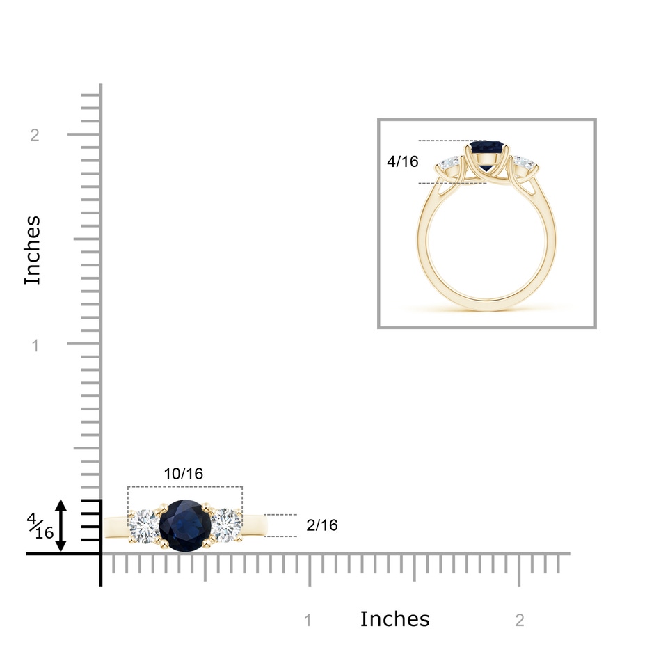 7mm A Classic Round Sapphire and Diamond Three Stone Ring in Yellow Gold ruler