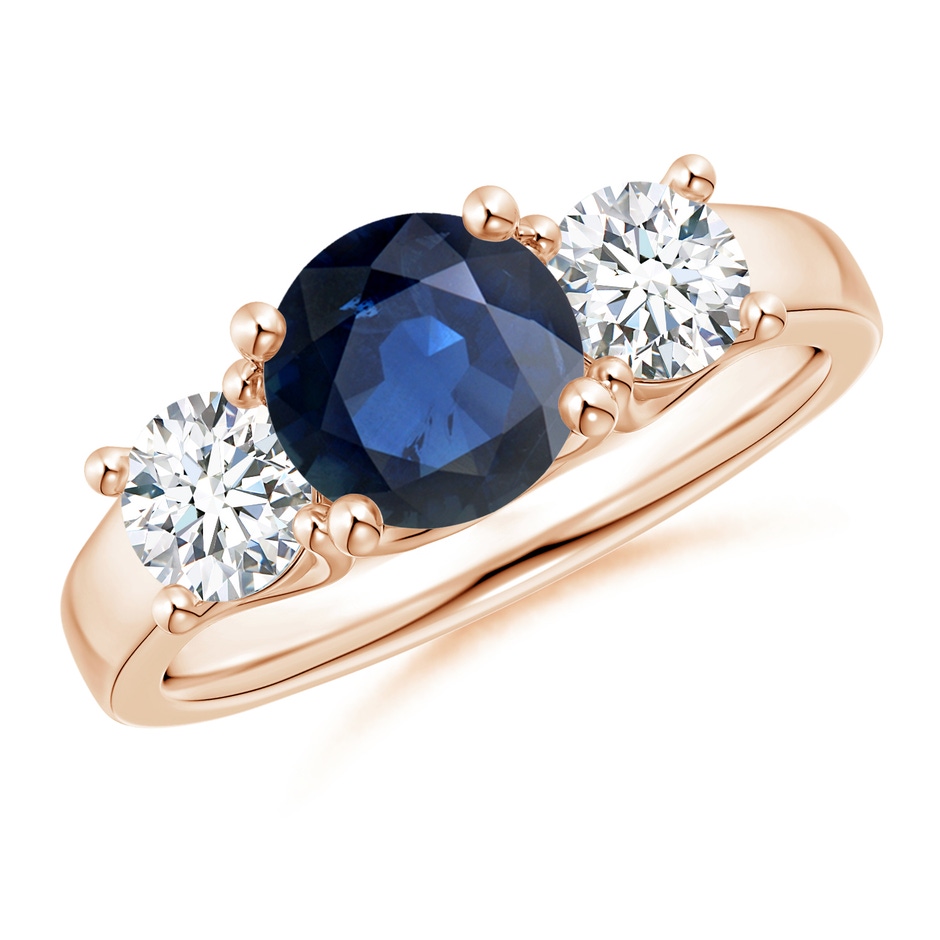 7mm AA Classic Round Sapphire and Diamond Three Stone Ring in Rose Gold 