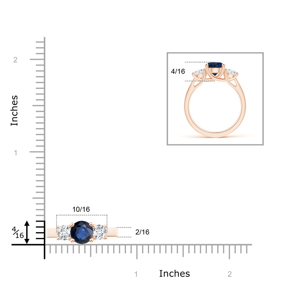 7mm AA Classic Round Sapphire and Diamond Three Stone Ring in Rose Gold ruler