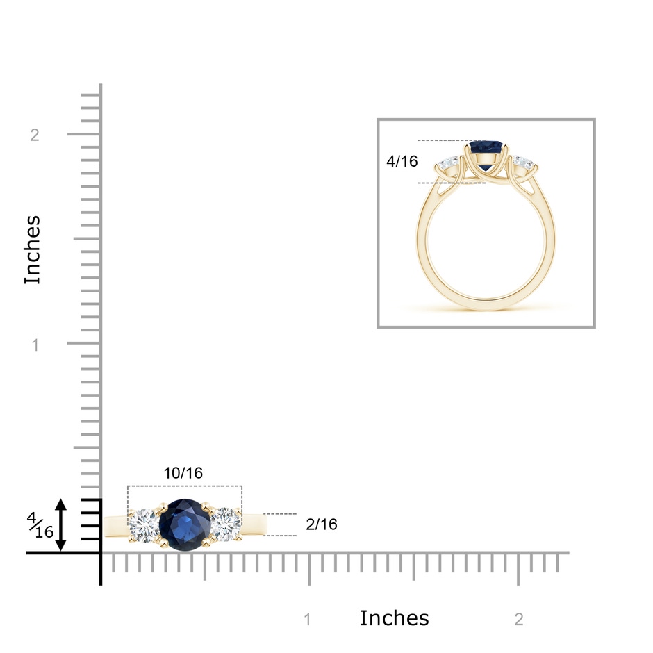 7mm AA Classic Round Sapphire and Diamond Three Stone Ring in Yellow Gold ruler