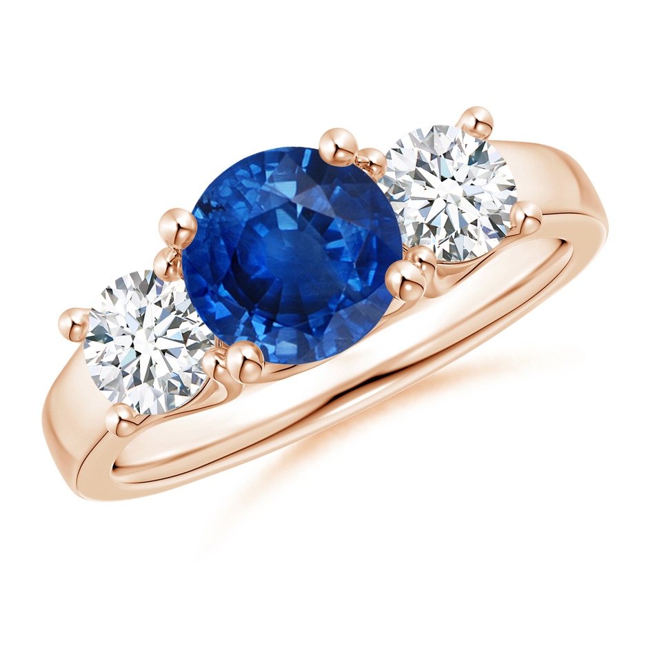 7mm AAA Classic Round Sapphire and Diamond Three Stone Ring in Rose Gold 