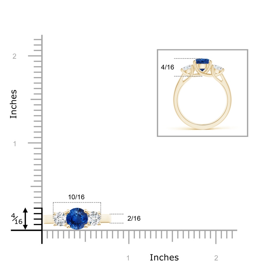 7mm AAA Classic Round Sapphire and Diamond Three Stone Ring in Yellow Gold ruler