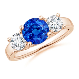 7mm AAAA Classic Round Sapphire and Diamond Three Stone Ring in 9K Rose Gold