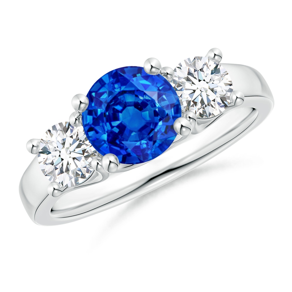 7mm AAAA Classic Round Sapphire and Diamond Three Stone Ring in P950 Platinum 