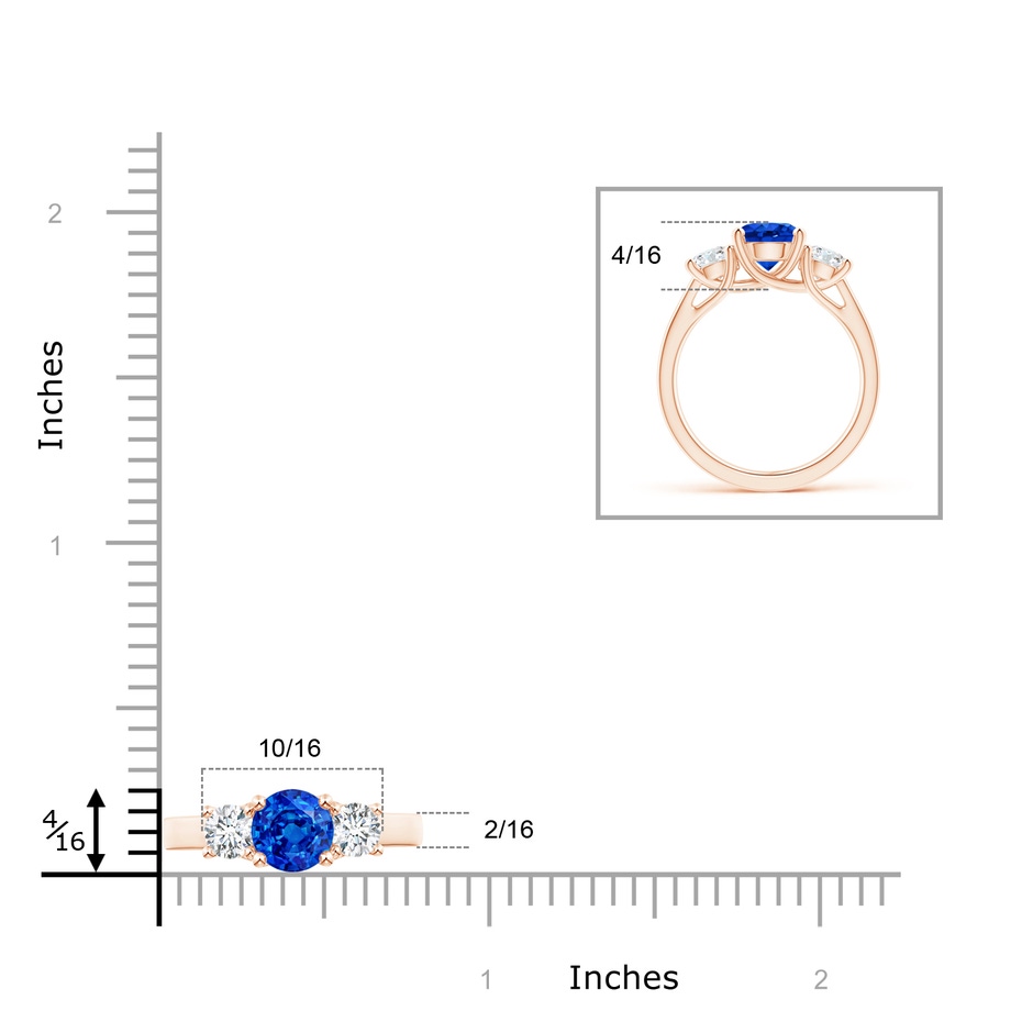 7mm AAAA Classic Round Sapphire and Diamond Three Stone Ring in Rose Gold ruler