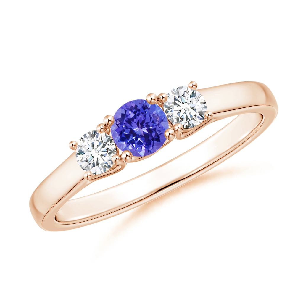 4mm AAAA Classic Round Tanzanite and Diamond Three Stone Ring in Rose Gold