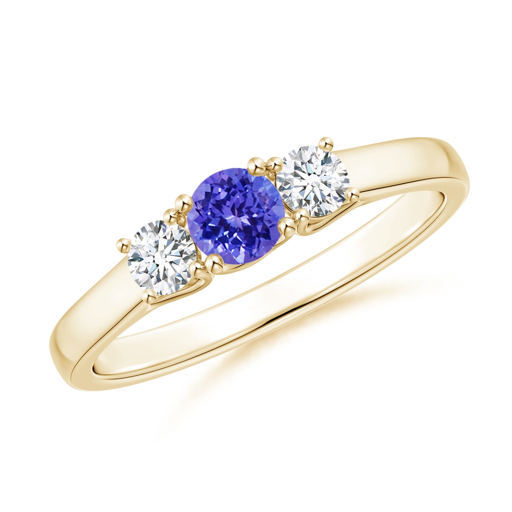 4mm AAAA Classic Round Tanzanite and Diamond Three Stone Ring in Yellow Gold