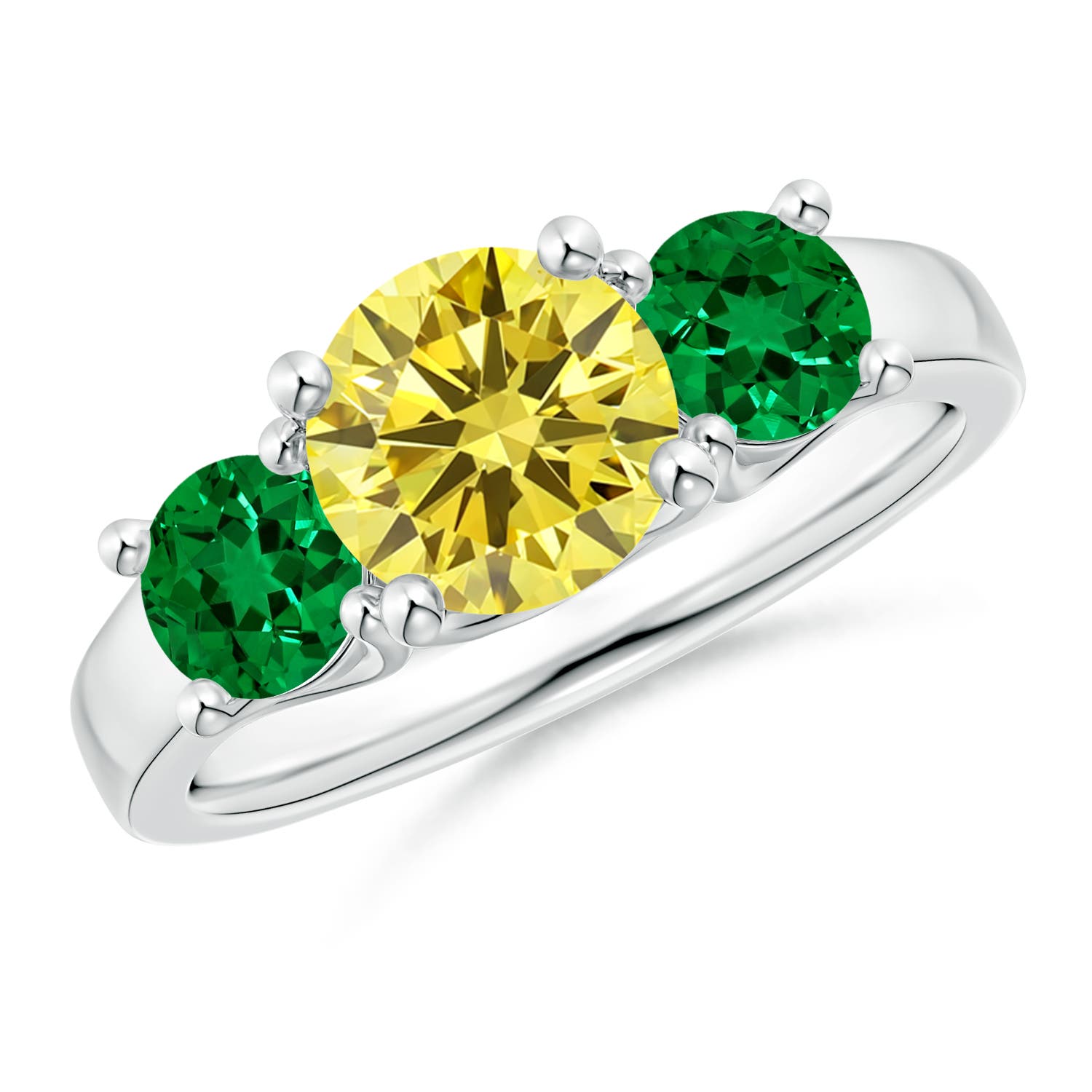Angara 1.95 CTW Classic Round Fancy Intense Yellow Diamond Three Stone Ring in Platinum