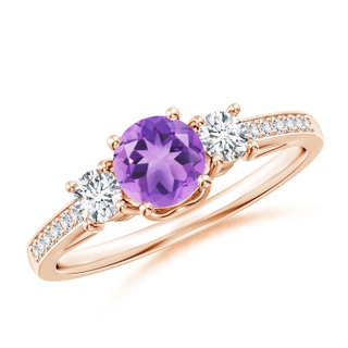 5mm A Classic Prong Set Round Amethyst and Diamond Three Stone Ring in 10K Rose Gold