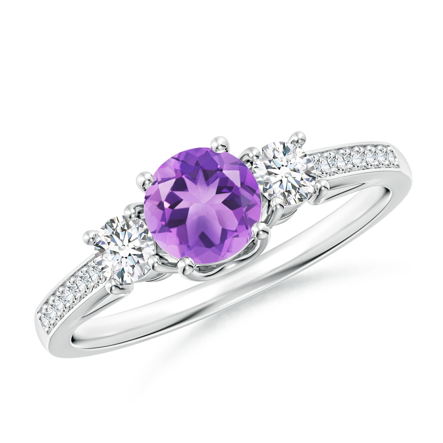 5mm A Classic Prong Set Round Amethyst and Diamond Three Stone Ring in P950 Platinum