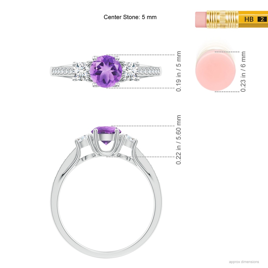 5mm A Classic Prong Set Round Amethyst and Diamond Three Stone Ring in White Gold ruler