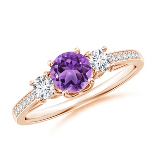 5mm AA Classic Prong Set Round Amethyst and Diamond Three Stone Ring in 10K Rose Gold