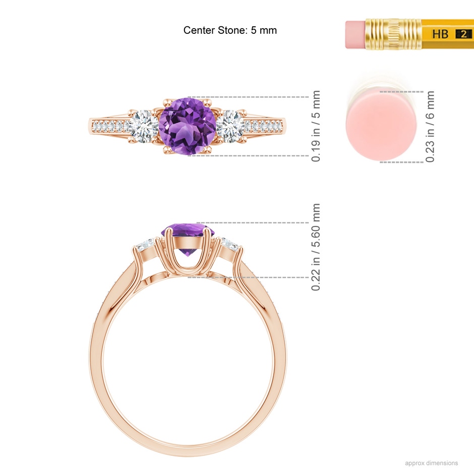 5mm AA Classic Prong Set Round Amethyst and Diamond Three Stone Ring in Rose Gold ruler