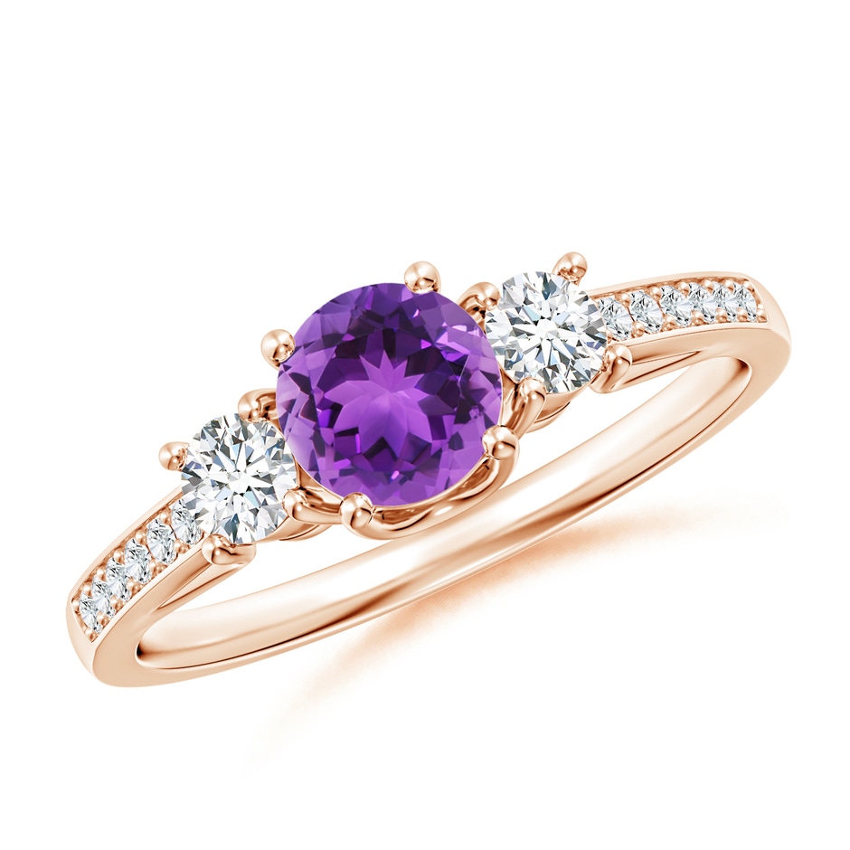 5mm AAA Classic Prong Set Round Amethyst and Diamond Three Stone Ring in Rose Gold 