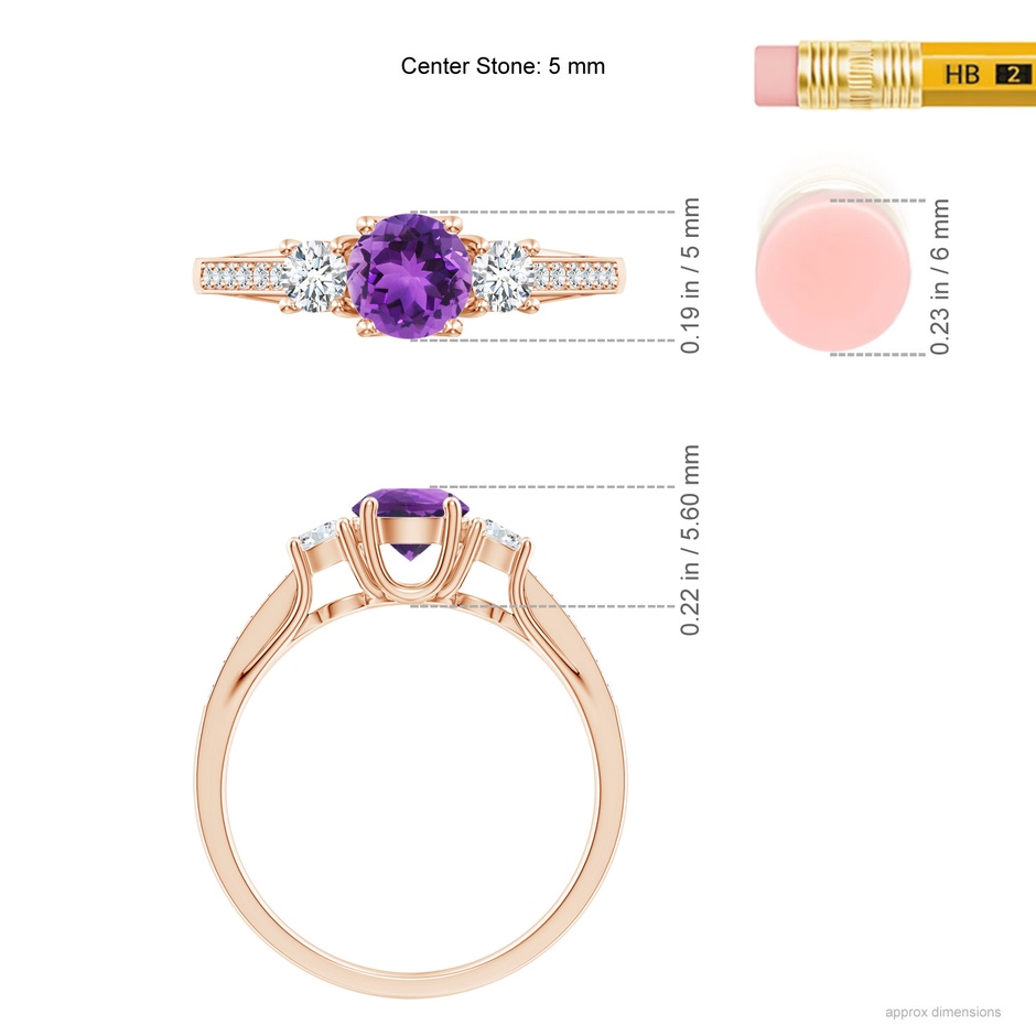 5mm AAA Classic Prong Set Round Amethyst and Diamond Three Stone Ring in Rose Gold ruler