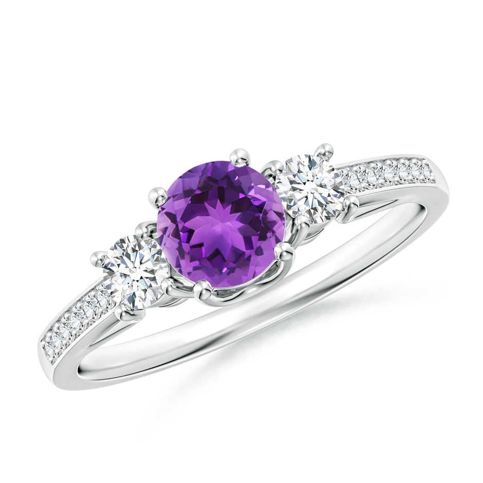 5mm AAA Classic Prong Set Round Amethyst and Diamond Three Stone Ring in White Gold 