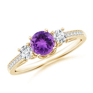 5mm AAA Classic Prong Set Round Amethyst and Diamond Three Stone Ring in Yellow Gold