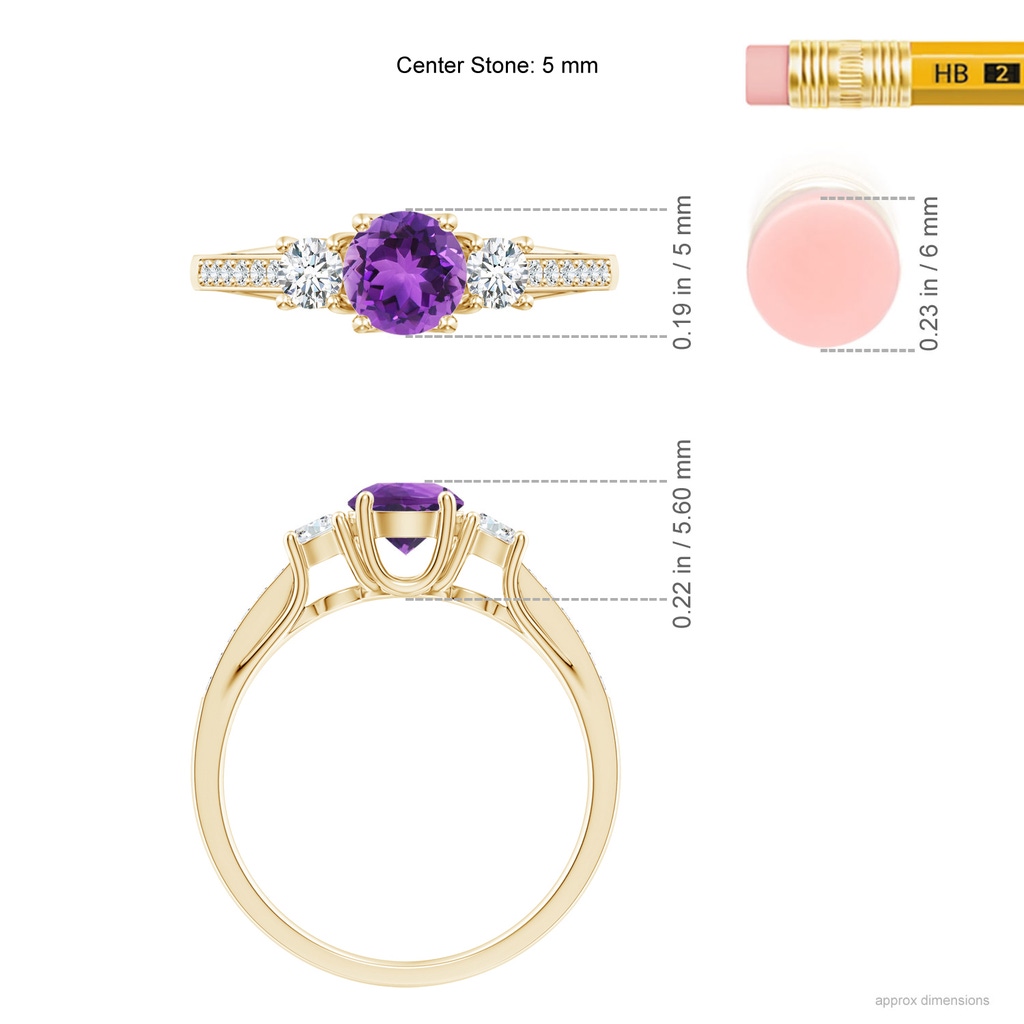 5mm AAA Classic Prong Set Round Amethyst and Diamond Three Stone Ring in Yellow Gold Ruler