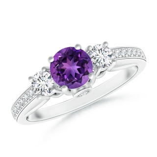 5mm AAAA Classic Prong Set Round Amethyst and Diamond Three Stone Ring in 9K White Gold