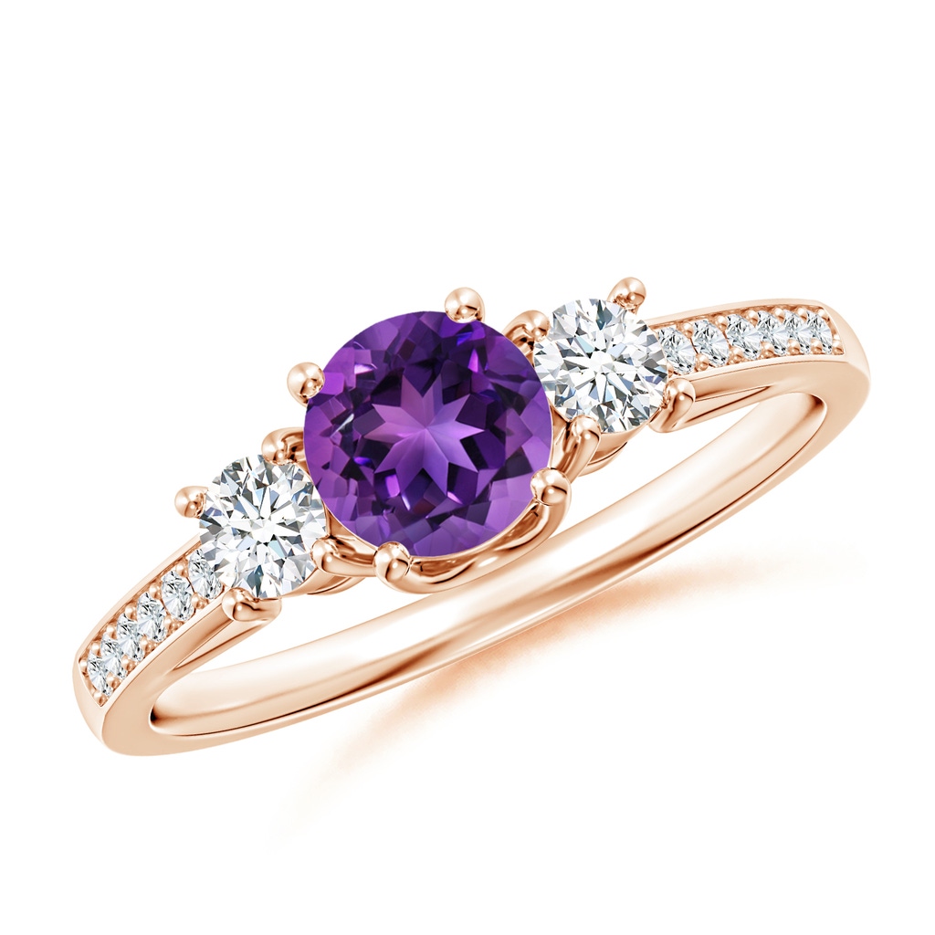 5mm AAAA Classic Prong Set Round Amethyst and Diamond Three Stone Ring in Rose Gold