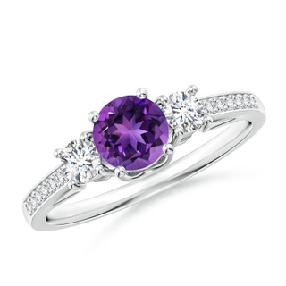 5mm AAAA Classic Prong Set Round Amethyst and Diamond Three Stone Ring in White Gold
