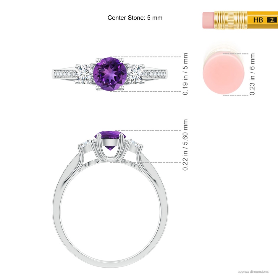 5mm AAAA Classic Prong Set Round Amethyst and Diamond Three Stone Ring in White Gold ruler