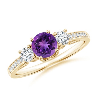 5mm AAAA Classic Prong Set Round Amethyst and Diamond Three Stone Ring in Yellow Gold