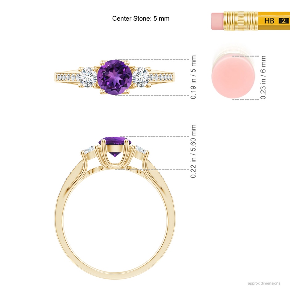 5mm AAAA Classic Prong Set Round Amethyst and Diamond Three Stone Ring in Yellow Gold ruler