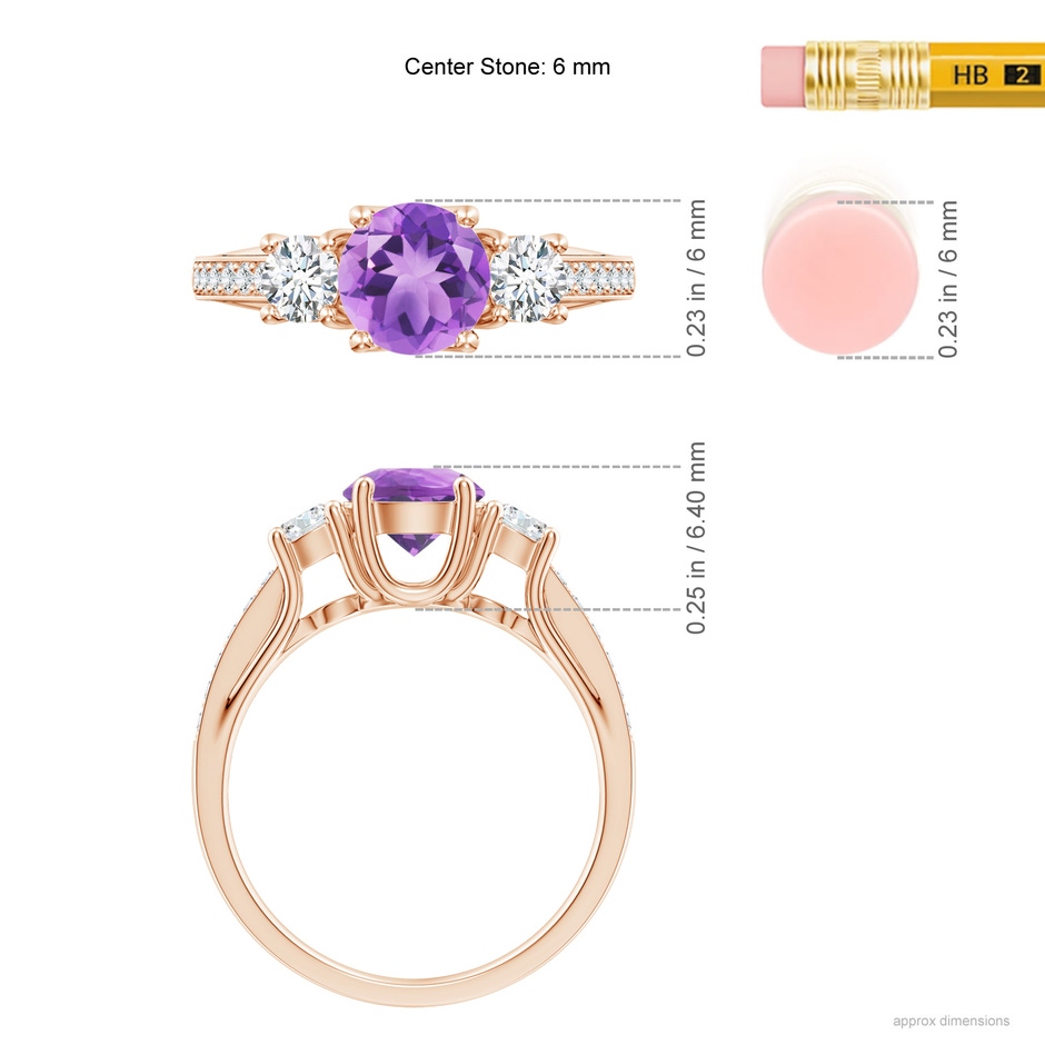 6mm A Classic Prong Set Round Amethyst and Diamond Three Stone Ring in 18K Rose Gold ruler