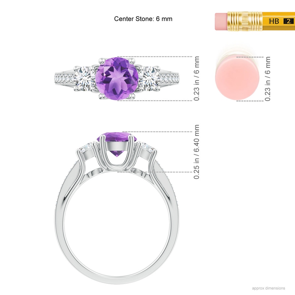 6mm A Classic Prong Set Round Amethyst and Diamond Three Stone Ring in White Gold ruler
