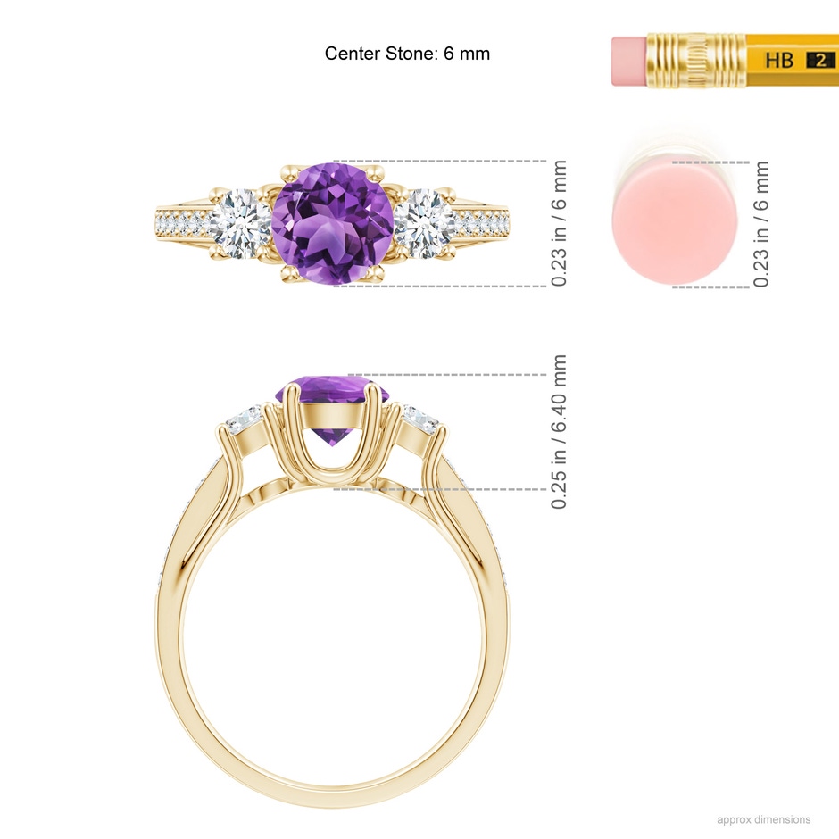 6mm AA Classic Prong Set Round Amethyst and Diamond Three Stone Ring in 18K Yellow Gold ruler