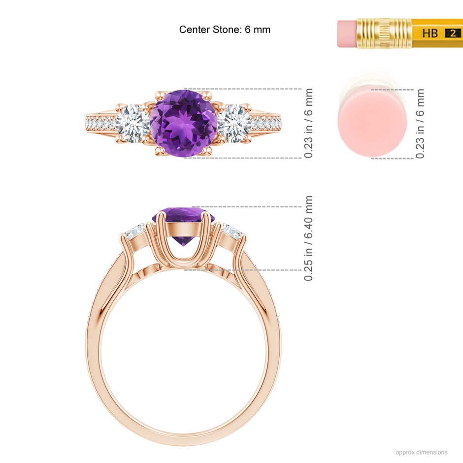 6mm AAA Classic Prong Set Round Amethyst and Diamond Three Stone Ring in 18K Rose Gold ruler
