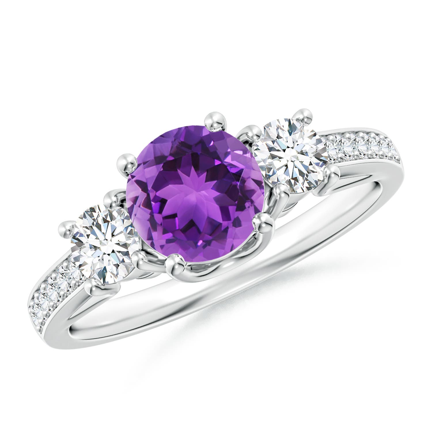 6mm AAA Classic Prong Set Round Amethyst and Diamond Three Stone Ring in 18K White Gold