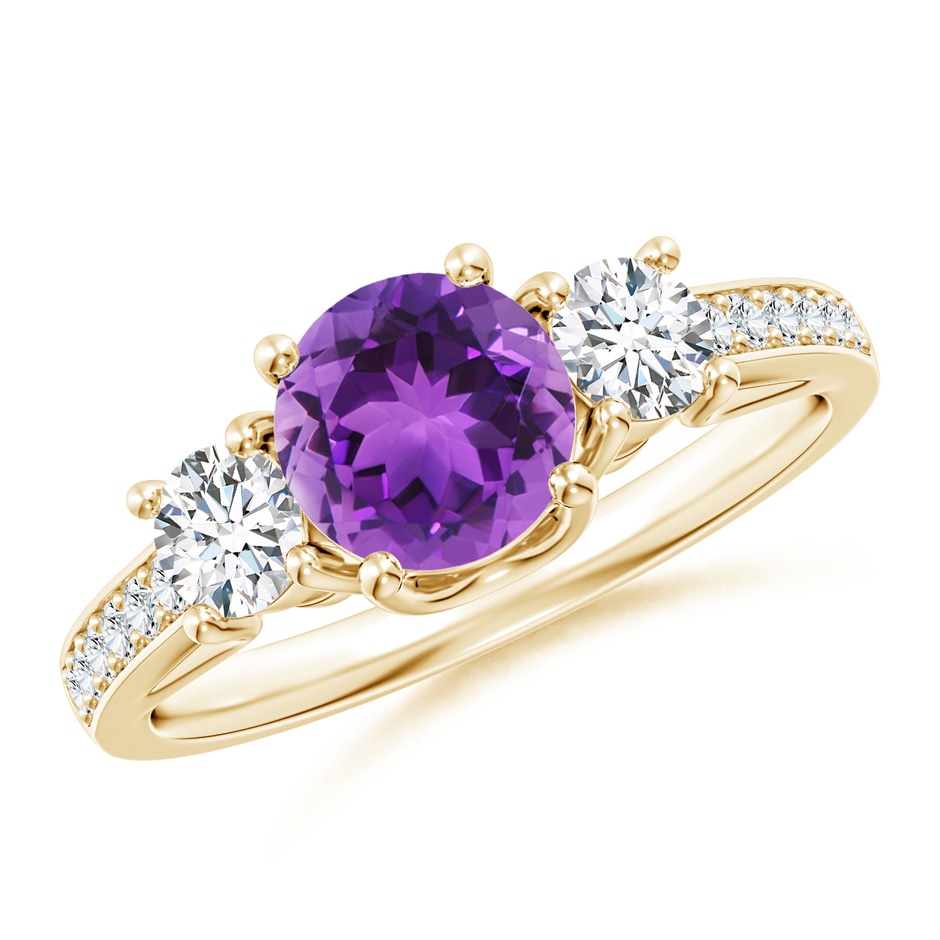 6mm AAA Classic Prong Set Round Amethyst and Diamond Three Stone Ring in 18K Yellow Gold 