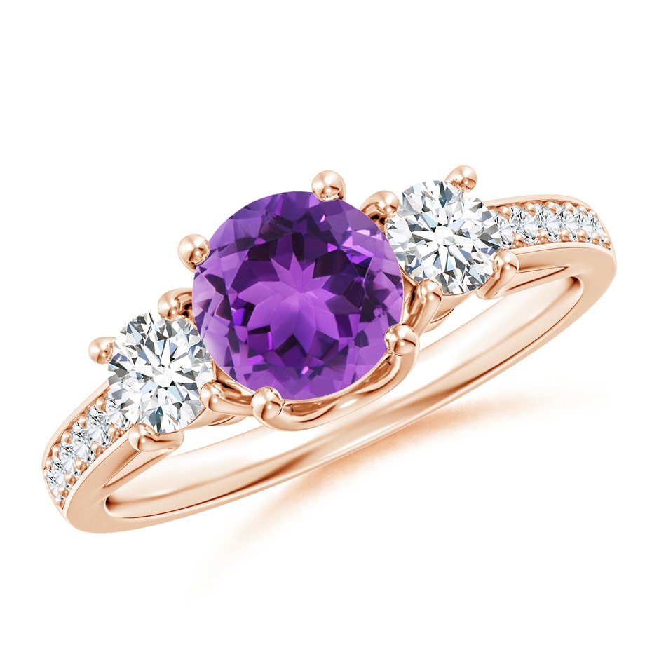 6mm AAA Classic Prong Set Round Amethyst and Diamond Three Stone Ring in Rose Gold 