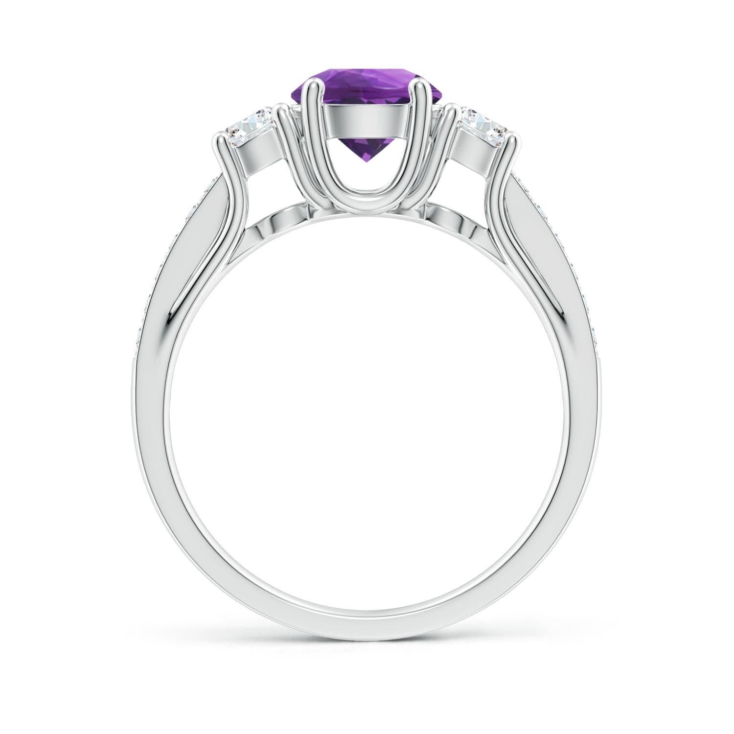 6mm AAA Classic Prong Set Round Amethyst and Diamond Three Stone Ring in White Gold - side 2