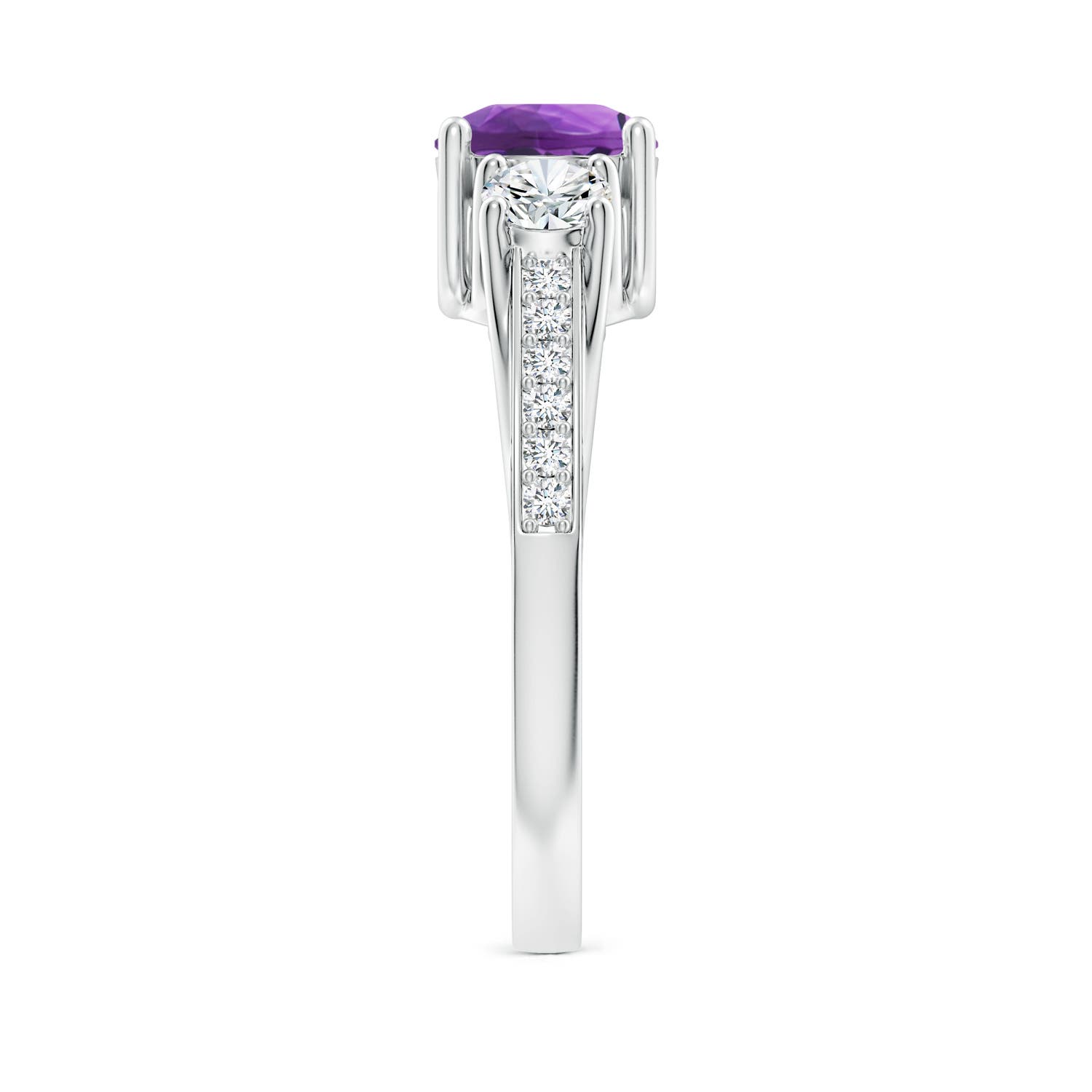6mm AAA Classic Prong Set Round Amethyst and Diamond Three Stone Ring in White Gold - side 3