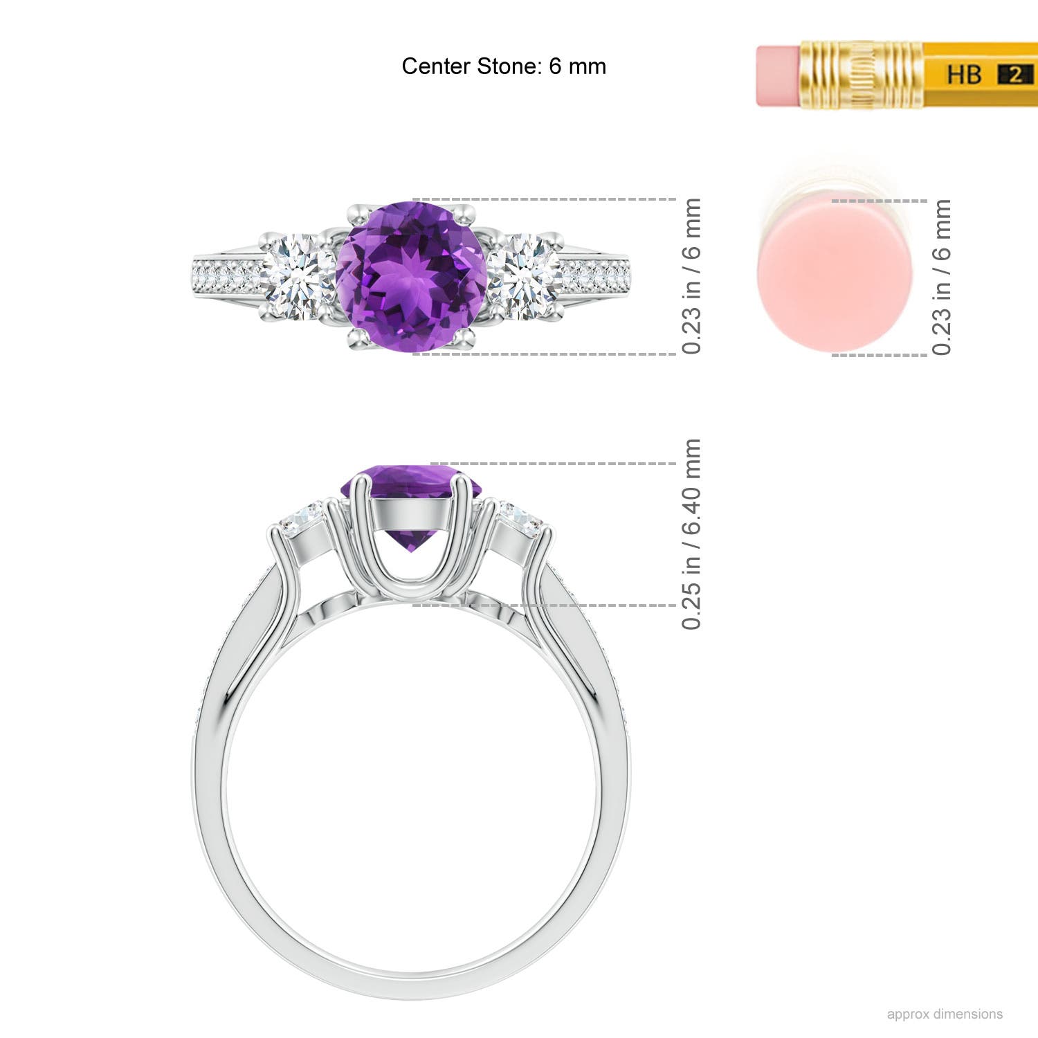6mm AAA Classic Prong Set Round Amethyst and Diamond Three Stone Ring in White Gold - ruler