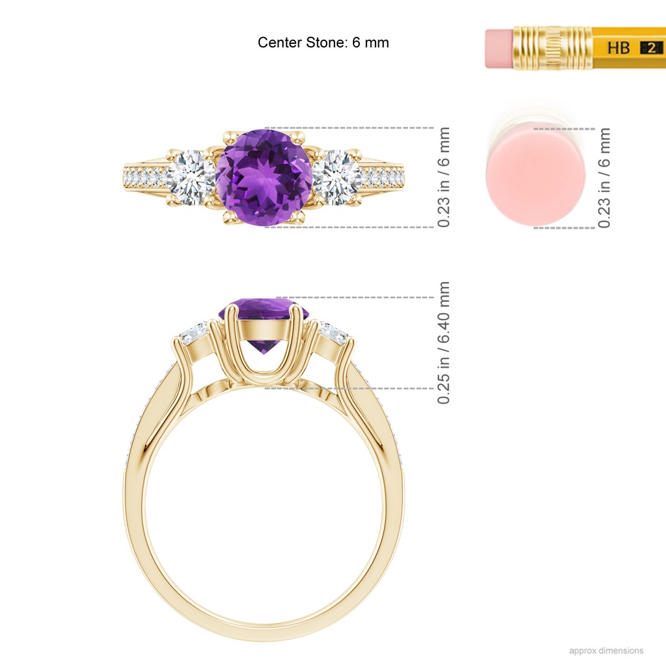 6mm AAA Classic Prong Set Round Amethyst and Diamond Three Stone Ring in Yellow Gold ruler