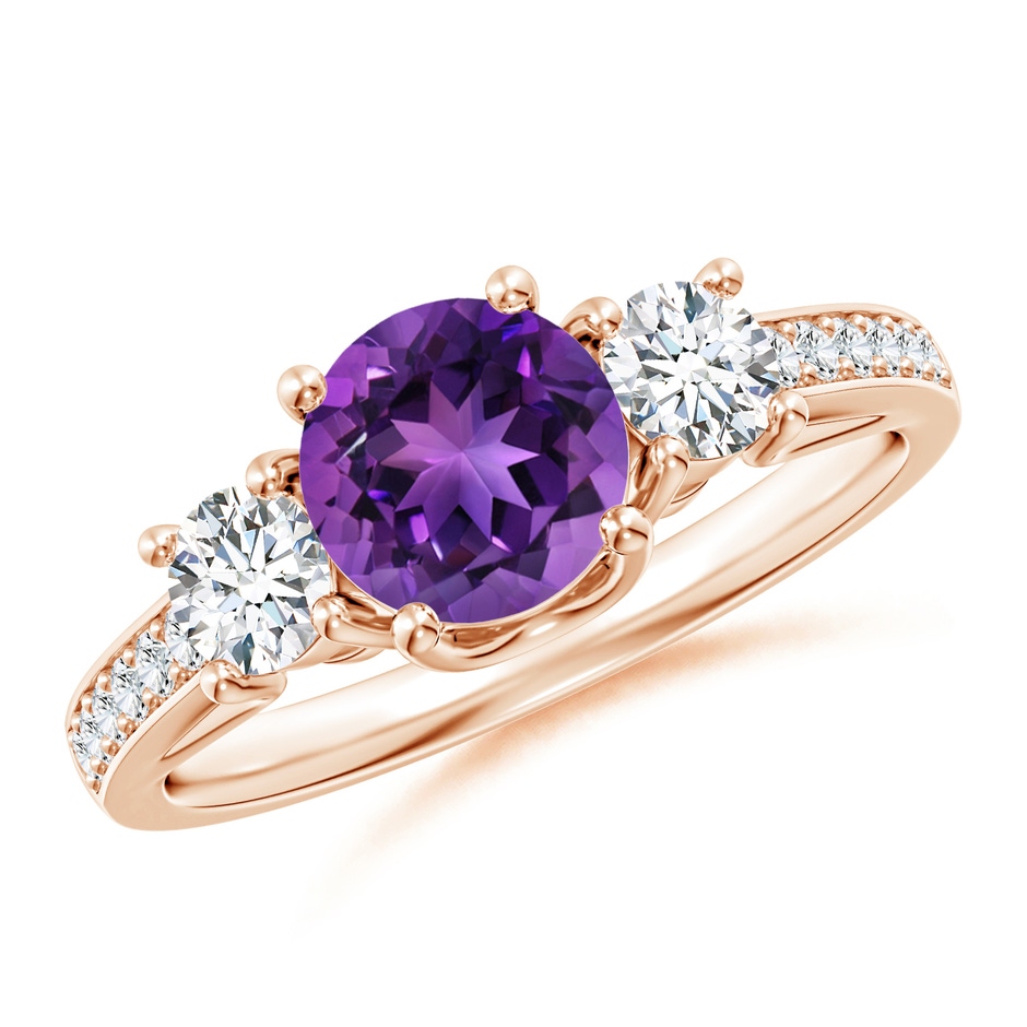 6mm AAAA Classic Prong Set Round Amethyst and Diamond Three Stone Ring in 18K Rose Gold 