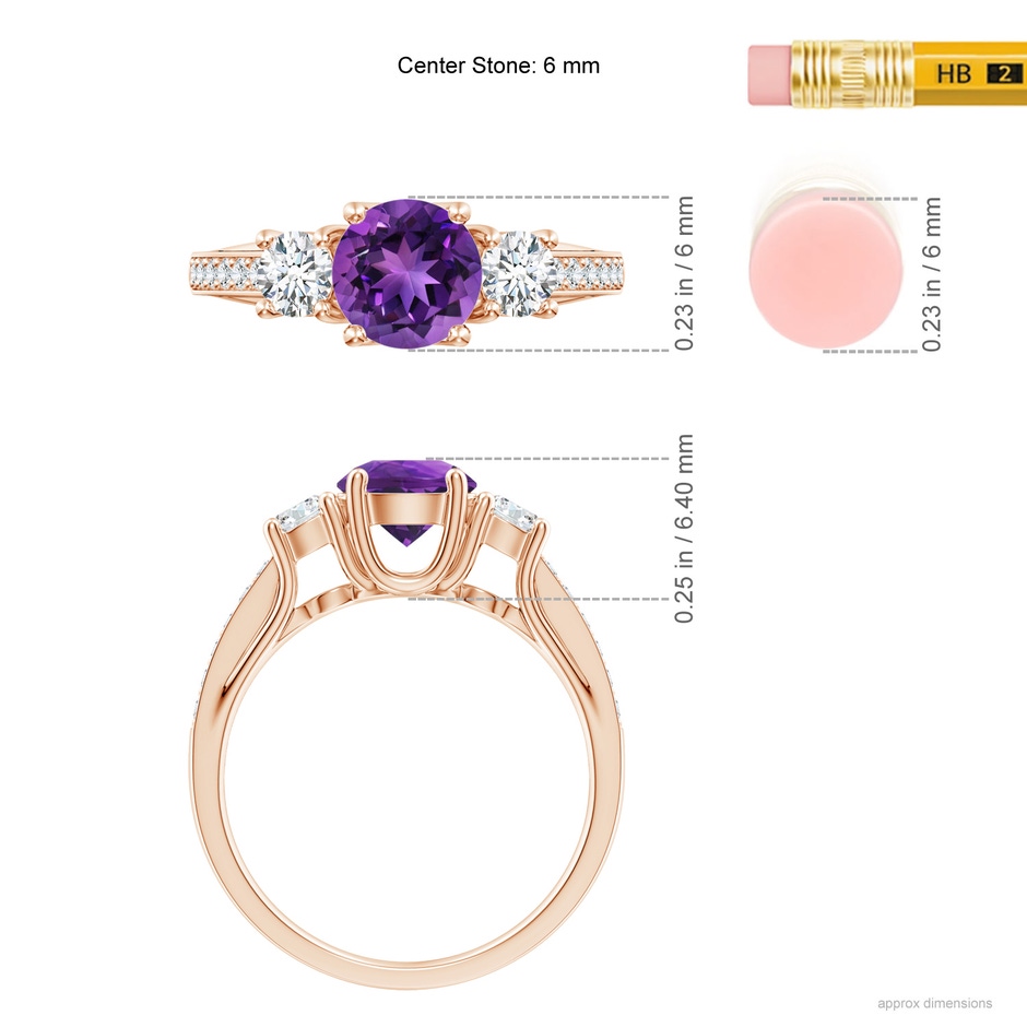 6mm AAAA Classic Prong Set Round Amethyst and Diamond Three Stone Ring in 18K Rose Gold ruler