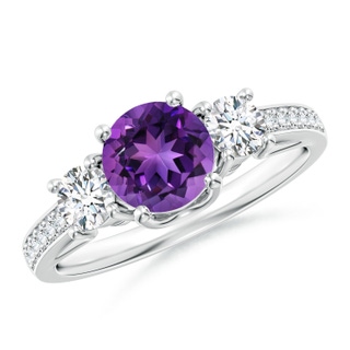 6mm AAAA Classic Prong Set Round Amethyst and Diamond Three Stone Ring in P950 Platinum