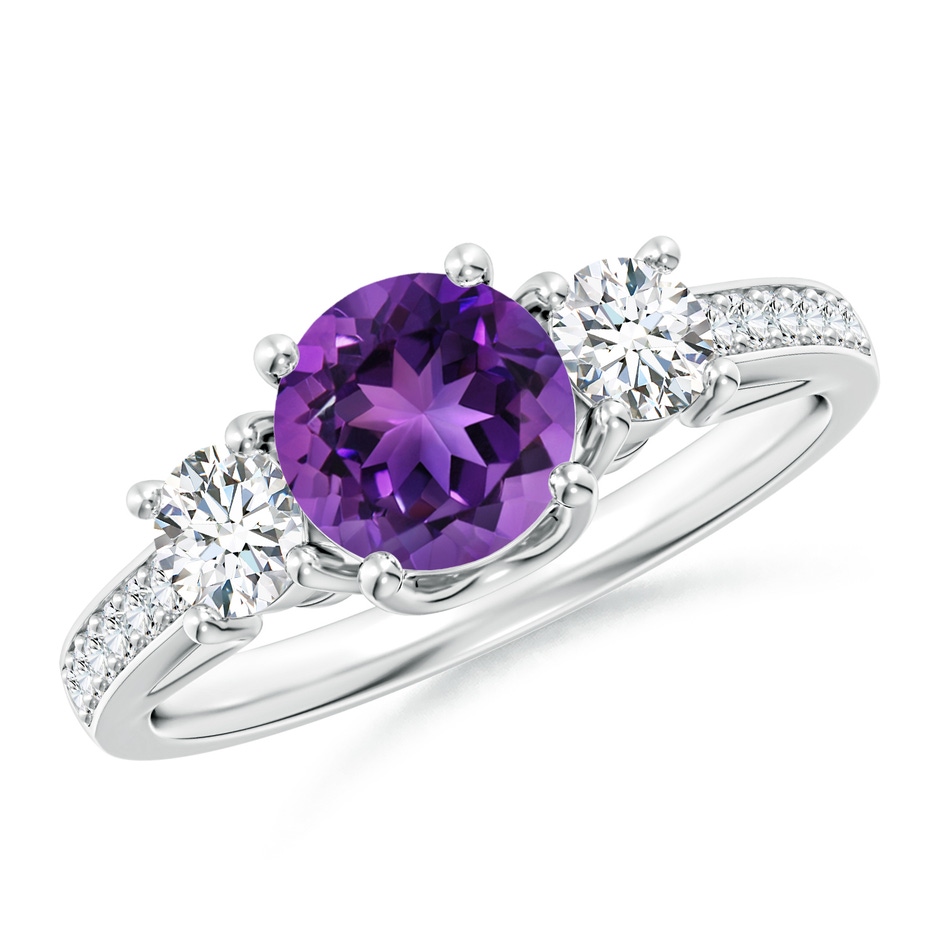 6mm AAAA Classic Prong Set Round Amethyst and Diamond Three Stone Ring in P950 Platinum 