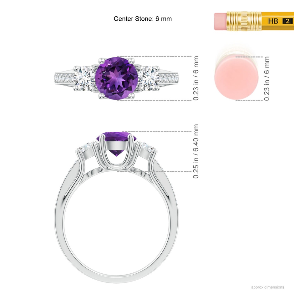 6mm AAAA Classic Prong Set Round Amethyst and Diamond Three Stone Ring in P950 Platinum ruler