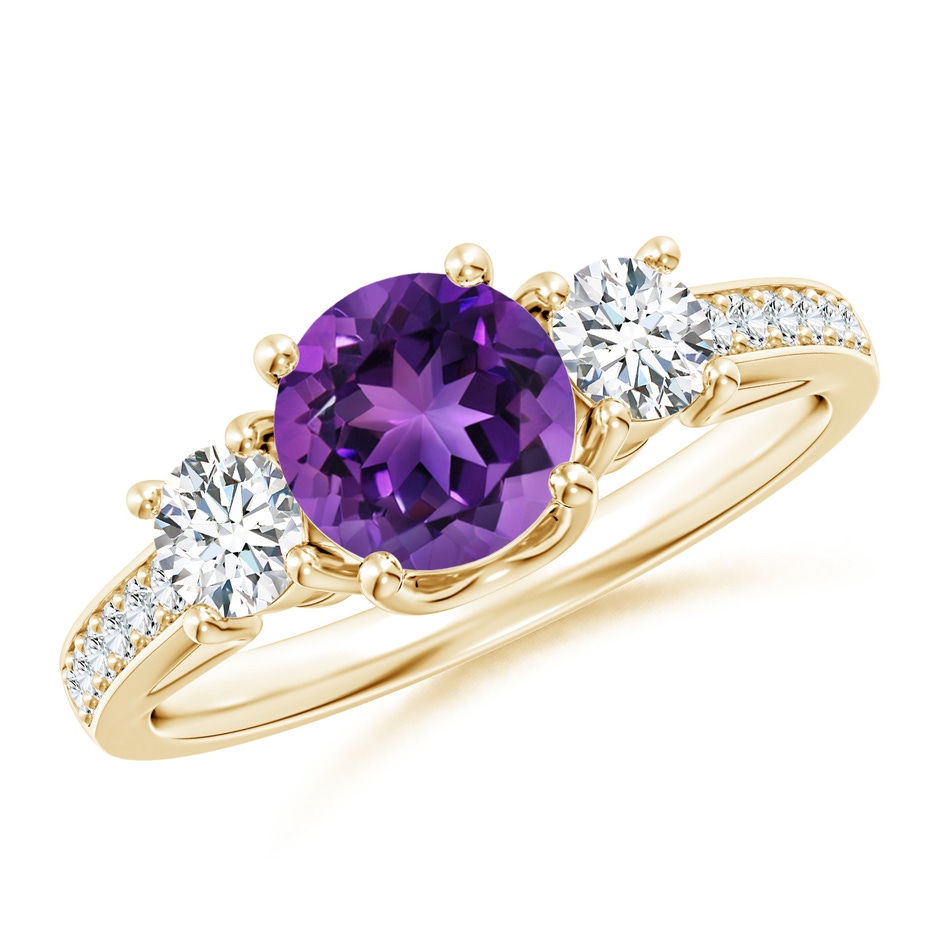 6mm AAAA Classic Prong Set Round Amethyst and Diamond Three Stone Ring in Yellow Gold 