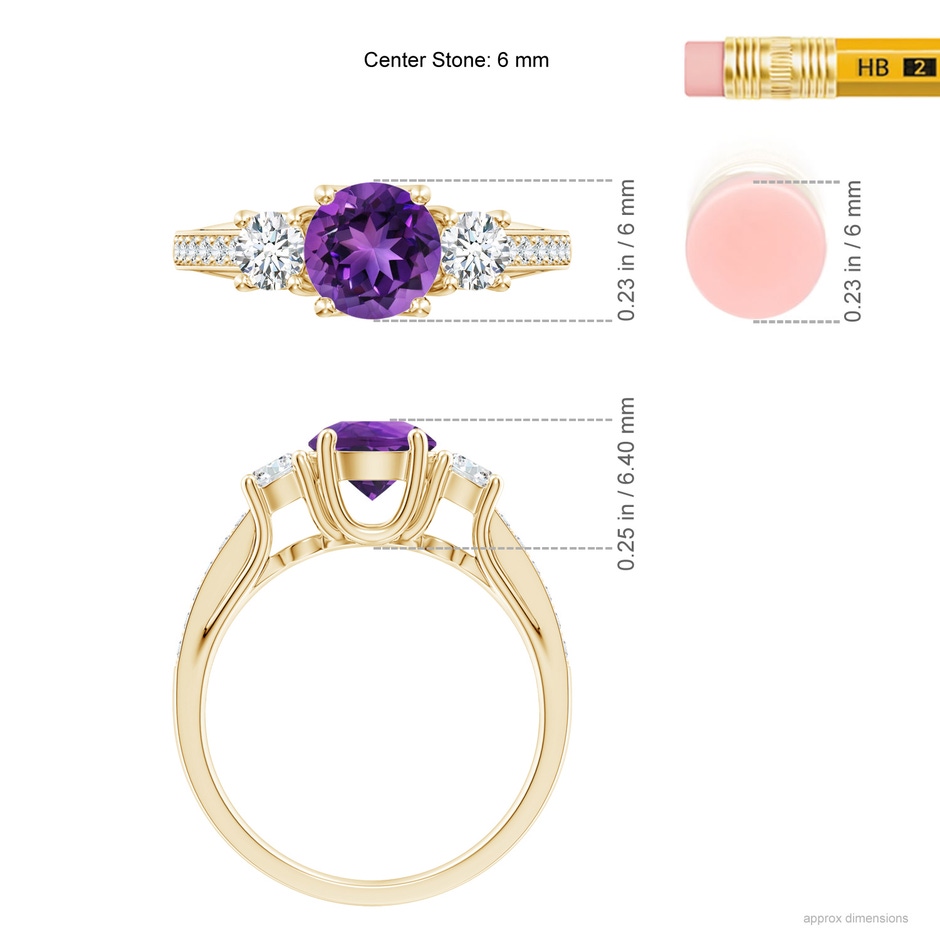 6mm AAAA Classic Prong Set Round Amethyst and Diamond Three Stone Ring in Yellow Gold ruler