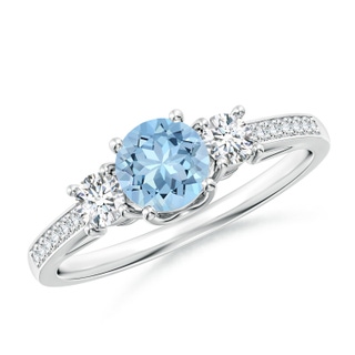 5mm AAA Classic Prong Set Round Aquamarine and Diamond Three Stone Ring in P950 Platinum