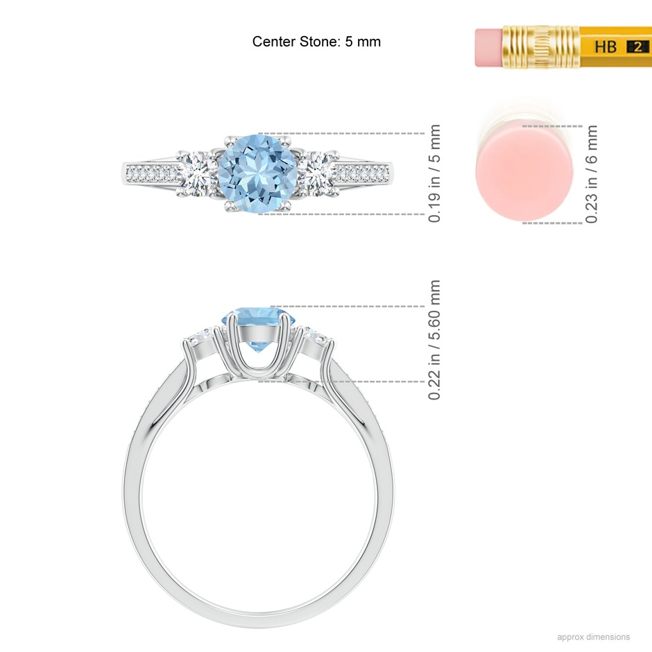 5mm AAA Classic Prong Set Round Aquamarine and Diamond Three Stone Ring in White Gold ruler