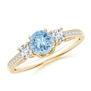 5mm AAA Classic Prong Set Round Aquamarine and Diamond Three Stone Ring in Yellow Gold