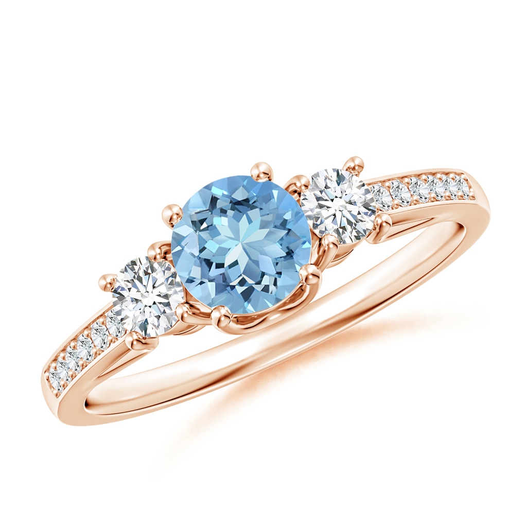 5mm AAAA Classic Prong Set Round Aquamarine and Diamond Three Stone Ring in Rose Gold